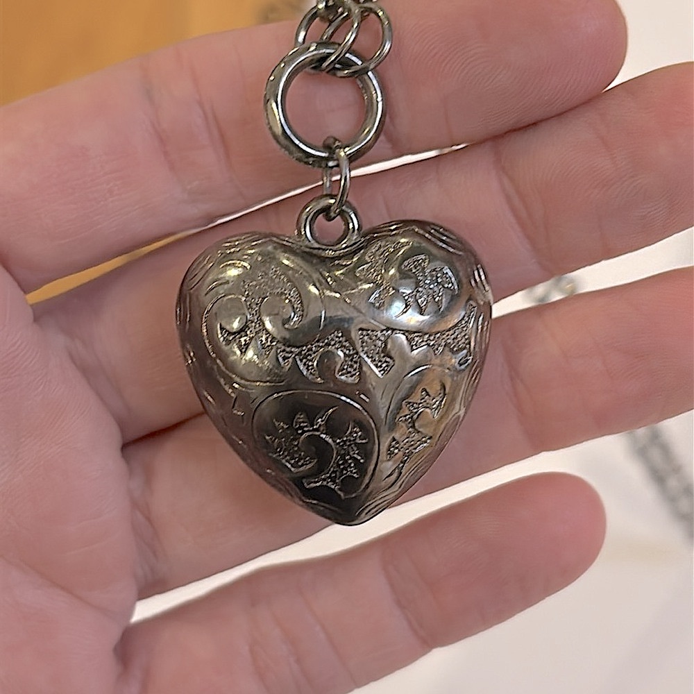 Vintage Large Silver Filigree Engraved Puffy Heart Pendant On Chain